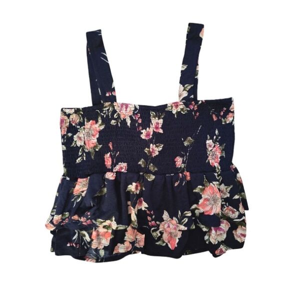 Story On Blue Floral Smocked Peplum Tank Top Large - Picture 6 of 10